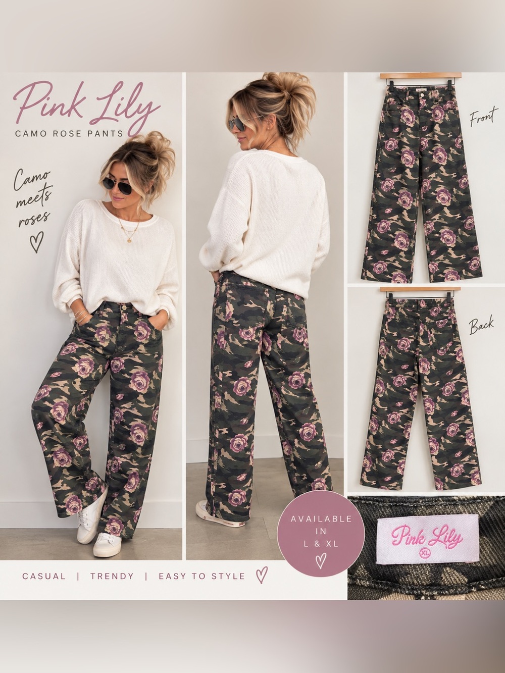 Pink Lily Olive Camo Pants with Pink Rose Print